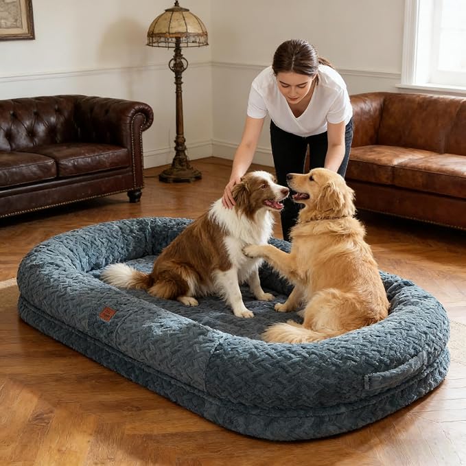 ChiXnuggle Orthopedic Human Dog Bed,with Faux Fur Washable Cover,Blanket | bluish grey,72*40*10,giant dog bed for adult or extra large dogs,egg crate foam,non-slip bottom