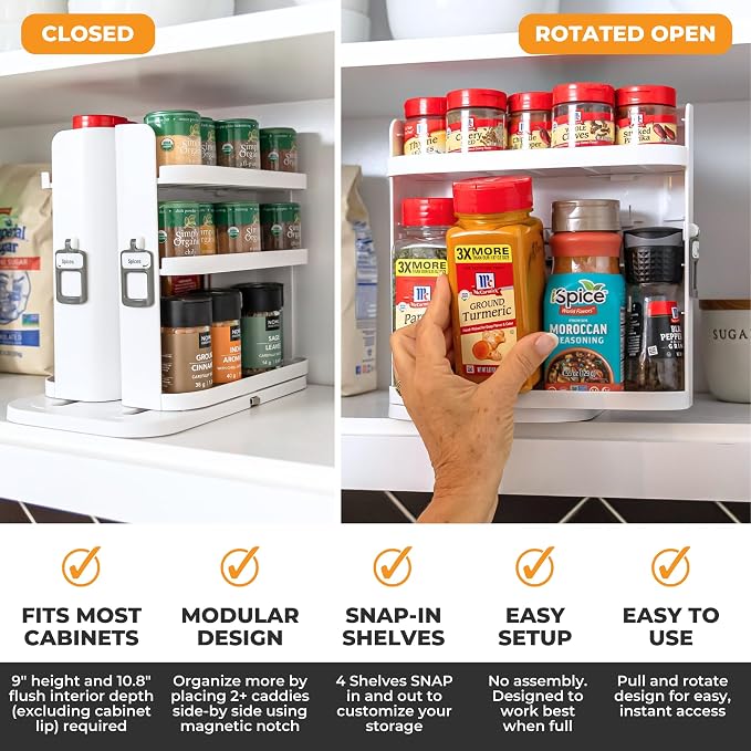 Spice Rack Organizer for Cabinet, 4 Adjustable Shelves | 4 Snap-In Adjustable Shelves, 8.9"H x 6.1"W x 10.8"D, Magnetic Modular Connect, Pivot-Up Shelves, Small Things Tray, No Tools
