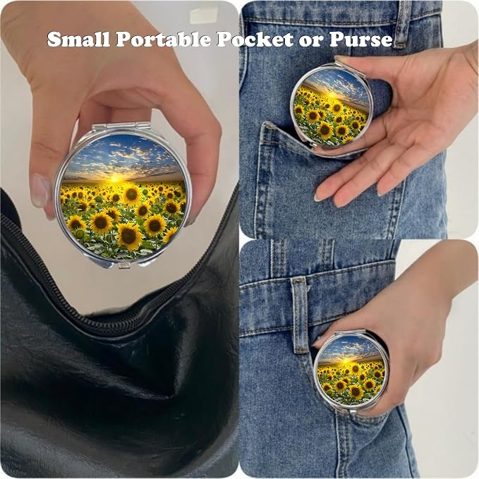 Small Pill Box 3 Detachable Compartments Pill Case with Mirror 2.4inches Pocket Round Medicine Organizer, Mini Portable Pill Organizer for Pocket Purse& Travel Convenience-Sunflower
