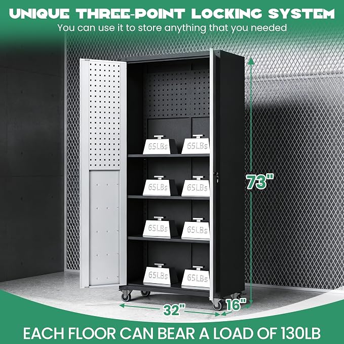 Garage Metal Storage Cabinet,71" Rolling Tool Cabinet with Pegboard and 3 Adjustable Shelves,Heavy-Duty Shelving Unit with Lockable Doors for Garage,Workshop,Home & Office Organization