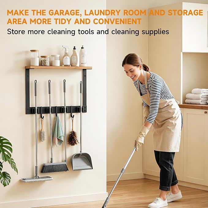 Broom Holder Wall Mount, Broom and Mop Organizer Wall Hanging with Solid Wood Frame,Organizer Rack Built with 4 Grippers & 3 Hooks; Broom Hanger Wall Mount for Laundry Room, Garages and Storage Room