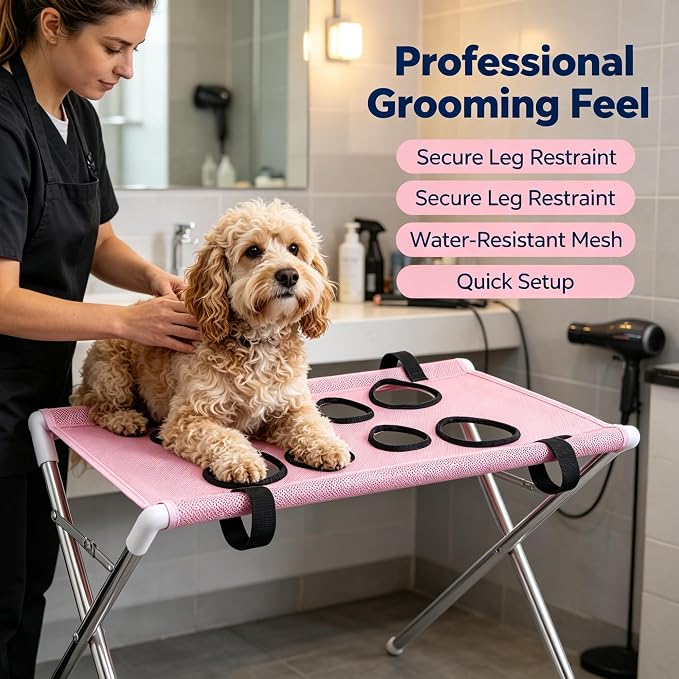 Foldable Pet Bathing Stand Holder Grooming Shower 8-Hole Wash Hammock,Washing Bed for Small Dogs and Cats Washing Picking Ears Nail Clipping,Stainless Steel Grooming Table with Stand，Upgrade-Blue