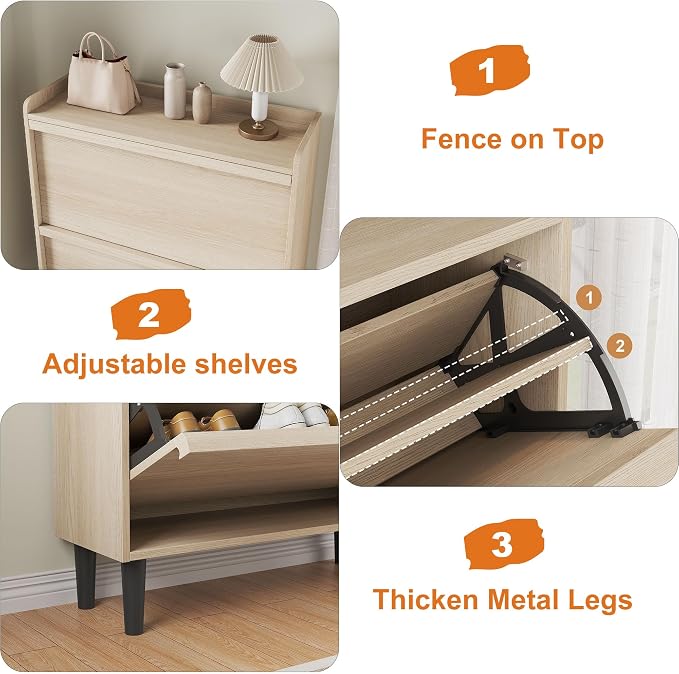 GarveeHome Shoe Cabinet with 2 Flip Drawers, Wooden Shoe Organizer Cabinet with Adjustable Shelf, Shoe Storage for Entryway, Hidden Shoe Cabinet for Hallway, Living Room, Natural Oak