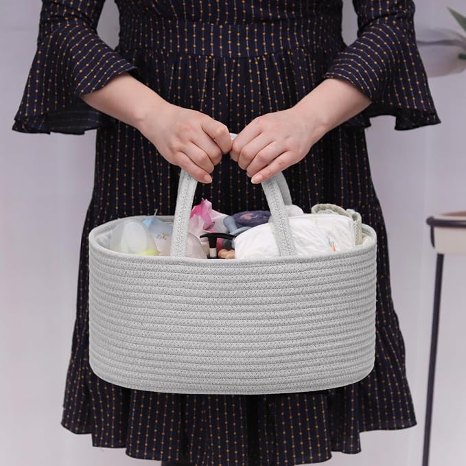COMSE Baby Diaper Caddy Organizer with Handles, Cotton Rope, Cool Gray