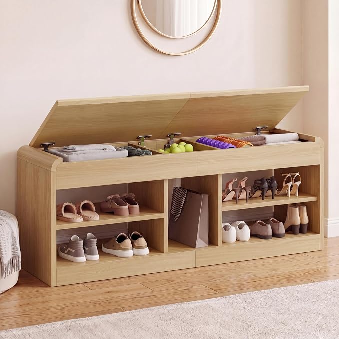Shoe Storage Bench with Flip-Open Box & Shelf, Natural | 47.2in Bench Fits Hallways, Bedrooms And Living Room, With Sturdy Wood Construction For Daily Use