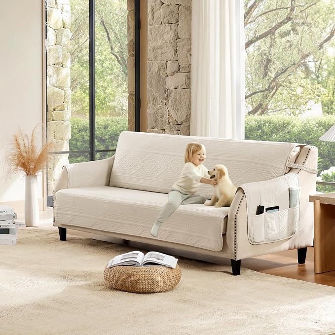 Boho Quilted Couch Covers with Pockets, Pet-Friendly Aztec Couch Covers for 3 Cushion Couch Sofa, Beige Couch Cover for Dogs Water-Repellent Sofa Covers Washable (Large Sofa 68", Beige)
