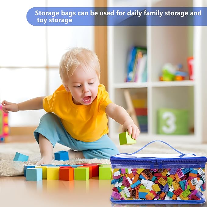 3 Packs Clear Toy Storage Bags, Waterproof Toy Storage Organizer Pouch | 9"x 7"x 4" Transparent PVC Toy Organizing Bags with Zipper for Building Blocks Small Toys (Blue)