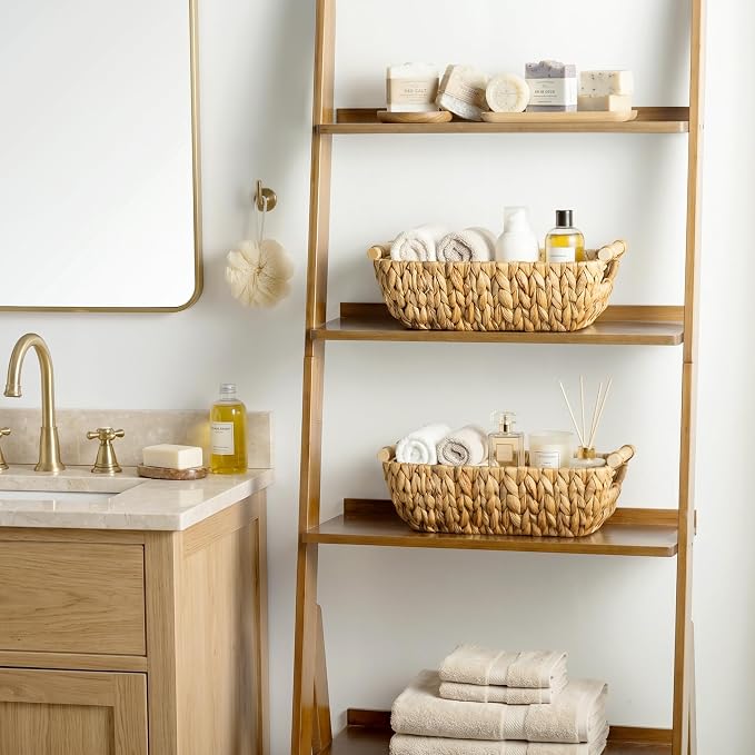StorageWorks Small Storage Basket, Seagrass Woven Basket for Gifts | Wicker Storage Baskets for Shelves, Baskets with Wooden Handles, 2-Pack Gifts Basket for Home Decor, Hand-Woven Basket