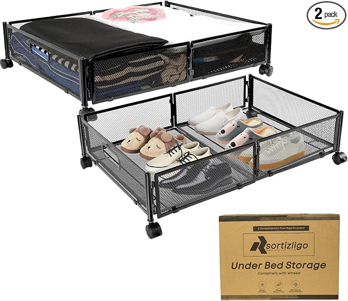 2pcs Large UnderBed Storage with Wheels - Sturdy Black Under Bed Storage with Wheels - Under the Bed Shoe Storage with Wheels of High-grade Steel – Can bare upto 25Kgs