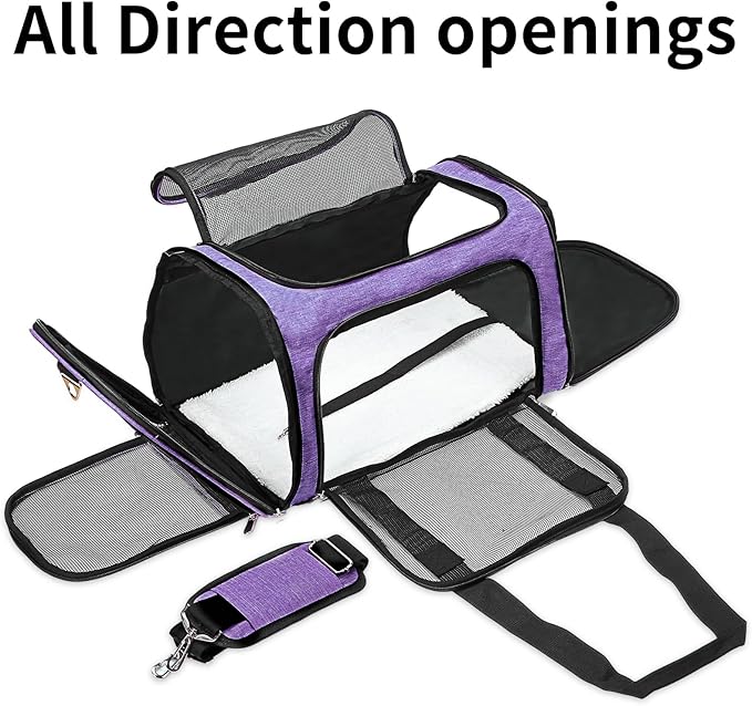 Soft-Sided Cat/Dog/Pet Carrier, Collapsible Pets Travel Carriers | for Big Cats/Small Dogs with Shoulder Strap & Removable Mat, Mesh Puppy Carry Bag, Up to 16 Lbs, TSA Airline Approved(Purple)