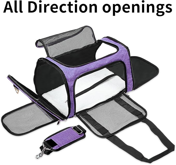 Soft-Sided Cat/Dog/Pet Carrier, Collapsible Pets Travel Carriers | For Big Cats/Small Dogs with Shoulder Strap & Removable Mat, Mesh Puppy Carry Bag, Up to 25 Lbs, TSA Airline Approved(Purple)