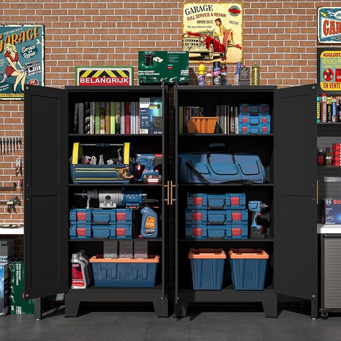 Black Metal Storage Cabinet, 61" Kitchen Pantry Cabinets for Office | Steel Kitchen Pantry Storage with Doors and 3 Adjustable Shelves, Metal Tool Cabinet, for Office, Home, Garage, School