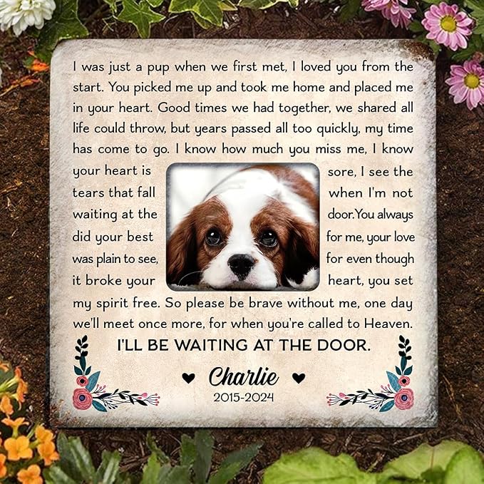 Wrappiness Pet Memorial Stone - I Will Be Waiting at Door, Personalized Dog Memorial Gifts, Remembrance Condolences Bereavement Gifts for Loss of Pet Custom Photo (Square 02, Stone)