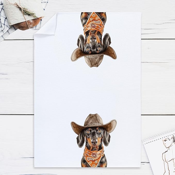 Cabana Bro Dachshund Gifts Kitchen Towels, Dachshund Gifts for Dog Lovers Decorative Hand Towels for Bathroom, Retro Western Cowboy Wiener Dog Dish Tea Towels for Kitchen, 16x24 Inch