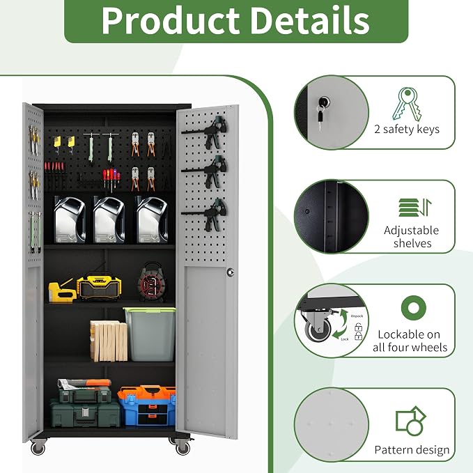 Metal Garage Cabinets and Storage System, 9-Pcs Tool Cabinet Set in Gray | Including 3 Pcs Wall Cabinets 6 Pcs Garage Tool Cabinets with Wheels,Assembly Required