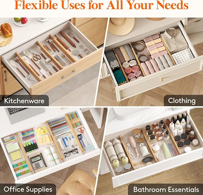 Lifewit 2.4" Kitchen Drawer Dividers, Adjustable Bamboo Drawer Organizers | 8 Pack 17.5"-22" Expandable Drawer Separator for Clothes, Utensils, Dresser, Cabinet, Closet, Nursery Organization & Storage