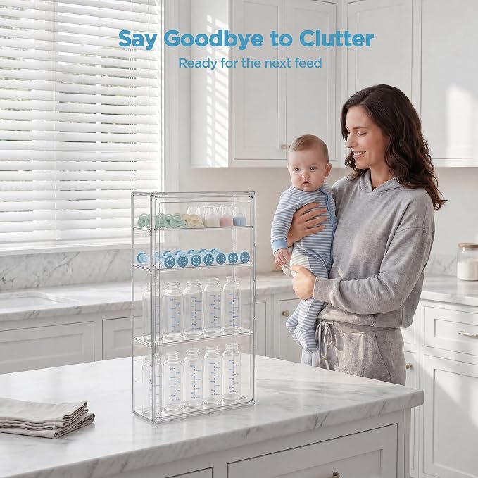 HBlife Baby Bottle Storage Organizer for Wall Countertop Cabinet, 4 Tiers Adjustable Clear Acrylic Bottles Storage Station Case Box Container with 3 Removable Dividers and Magnetic Door, Large
