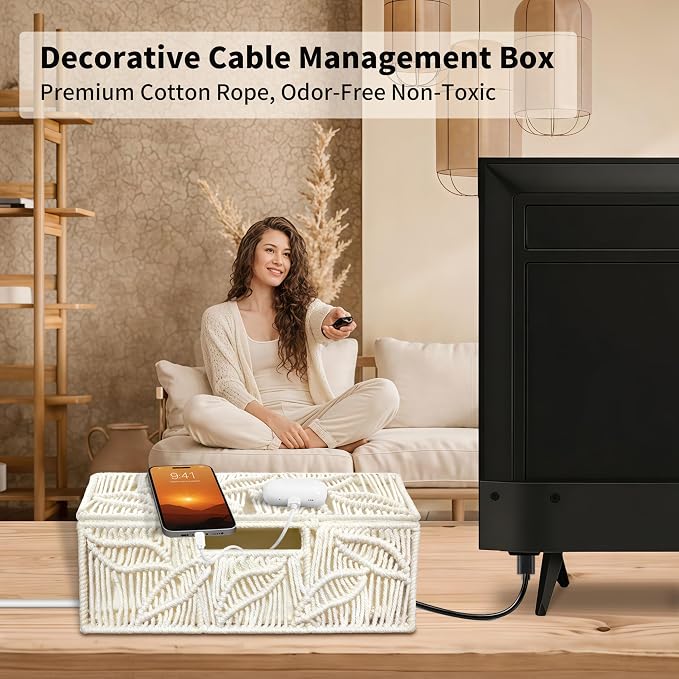 Cotton Rope Cable Management Box: 13" Handwoven Cord Organizer | Breathable Design, Natural Boho Design, Pet & Baby Safe, Cable Cover & Hider, Power Strip Storage, TV Wire Organizer
