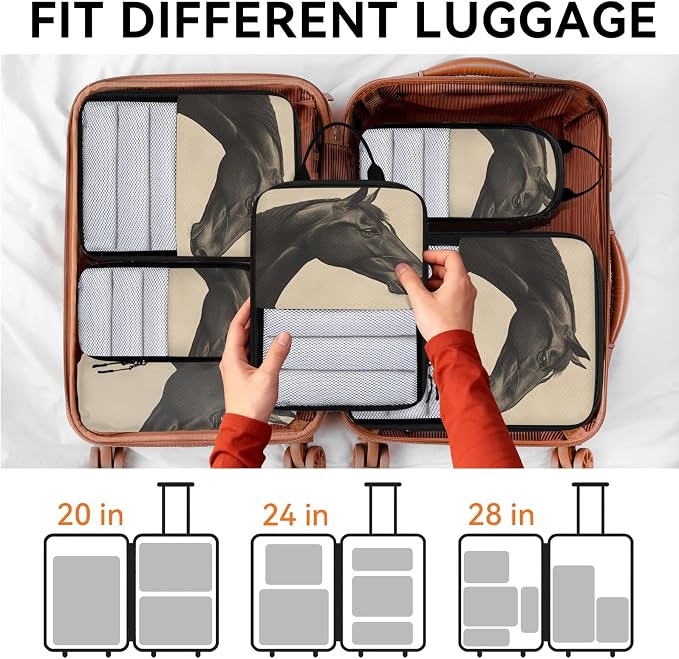 Horse 6 Set Compression Packing Cubes Animal Expandable Packing Organizer for Travel Accessories Luggage Suitcase Bag