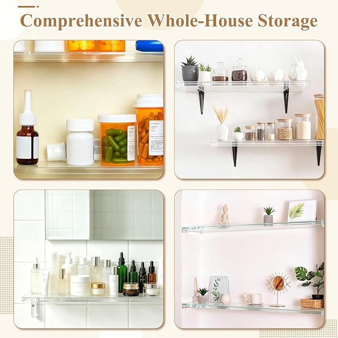 Windspeed 4Pcs 13x3 inch Acrylic Medicine Cabinet Shelf Replacement for Cabinet Medicine Shelf Wall Mounted for Kitchen Living Room Bathroom Organization, with 160 Labels, Pen, Wiping Cloth