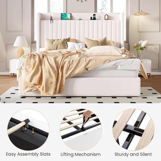 SHA CERLIN Full Size Lift Up Storage Bed Frame, Charging Station, White | Storage Headboard with Charging Station, USB, Type-C Port Velvet Hydraulic Storage Bed No Box Spring Needed Noise Free