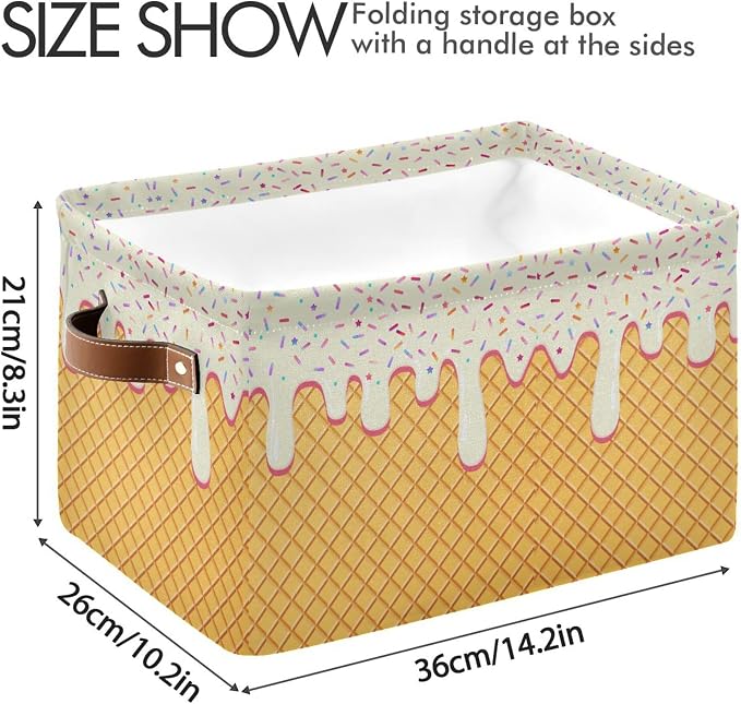 Wamika Ice Cream Drip Baseball Storage Basket with Waterproof Liner and PU Handles White Vanilla Storage Bins Boxes 14.2" Collapsible Decorative Organizer Baskets for Bedroom Closet Office 2 Pack