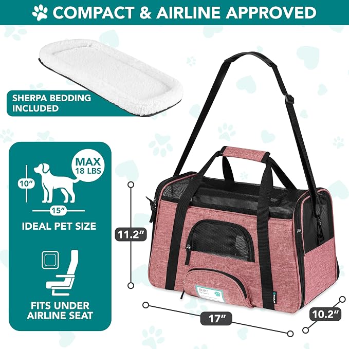 PetAmi Airline Approved Pet Carrier Cat Small Dogs, Small Heather White Red | Soft Sided TSA Travel Bag, Sherpa Bed, Breathable Mesh Ventilation, Collapsible Bowl, Fits Under Seat, Up to 18 lbs