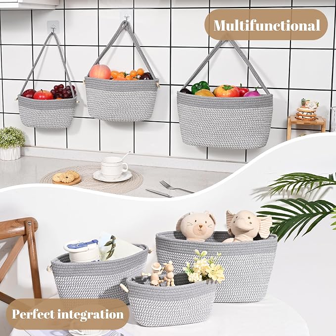 Hanging Basket, 3-Tier Woven Wall Basket with 4 Hooks, Cotton Rope Storage Baskets, Over the Door Organizer for Nursery, Bedroom, Cottage and Boho Wall Decor