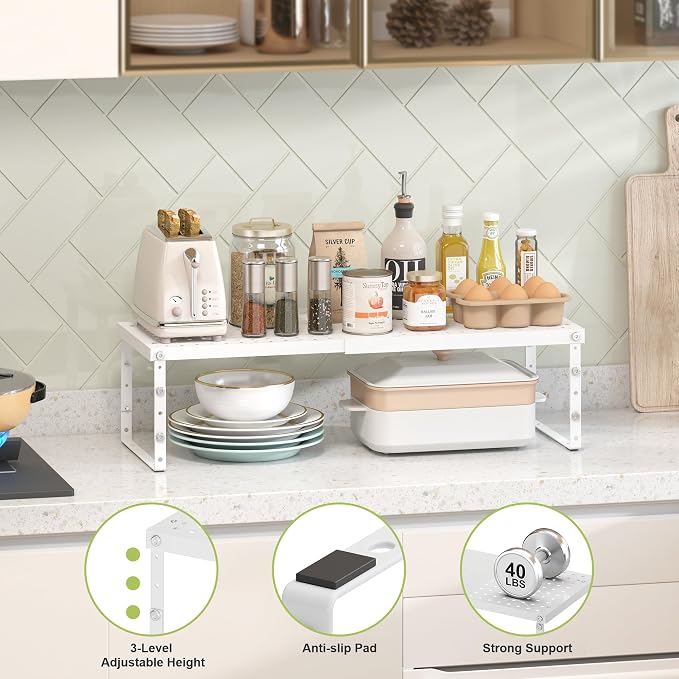 RUILALIFE Expandable Cabinet Organizer Shelf With Adjustable Height, Stackable Kitchen Countertop Organizer Rack, Adjustable Shelf Riser For Kitchen Counter, Pantry, Cupboard, Desk, Tabletop
