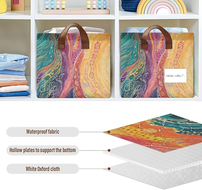 Colorful Boho Peacock Feather Storage Bins for Shelves with Labels&Handles Fabric Organizer Bin Foldable Rectangle Storage Basket Boxes for Closet, Bathroom, Home, Living Room