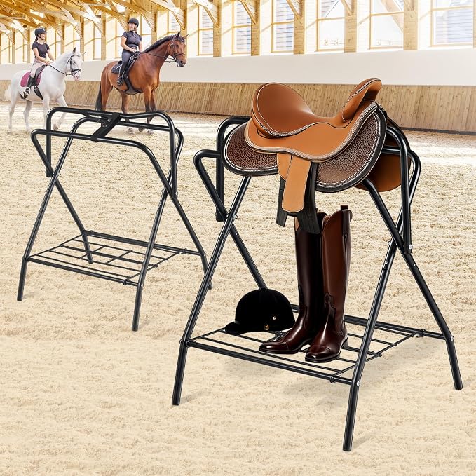 VEVOR Folding Saddle Rack, 2 Packs Freestanding Horse Saddle Stand, Portable Horse Blanket Holder, Heavy Duty Steel Saddle Rack for English & Western Saddles, Tack Storage, 28 x 19 x 37.5 in, Black