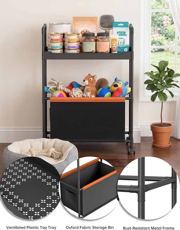 NiHome 2-Tier Dog Toy Basket Storage Cart, Dog Toy Rolling Organizer, Black | Pet Toy Storage Rack, Top Shelf, Oxford Fabric Basket, Metal Frame with 4 Swivel Casters, for Dog Toys, Treats, and Supplies