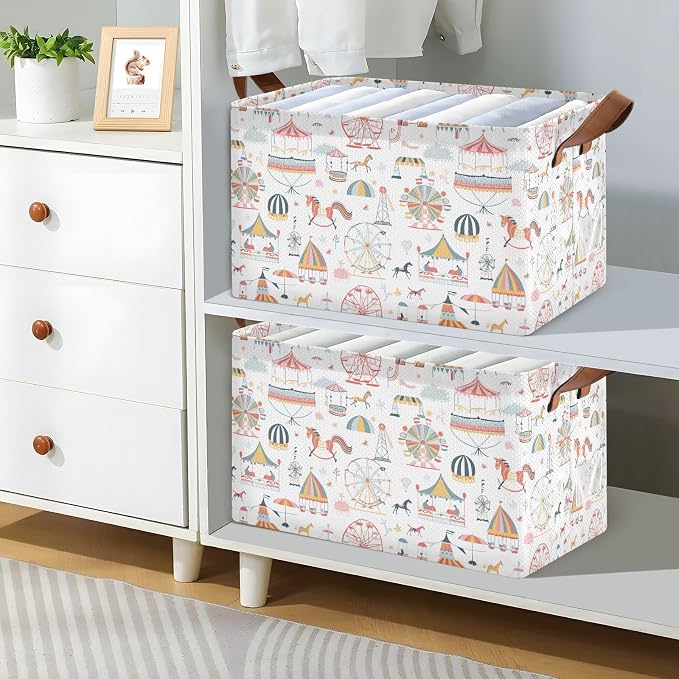 Ferris Wheel Theme Park Baby Storage Basket with Labels&Handles Rectangular Waterproof Nursery Storage Bins Collapsible Shelf Organizer Baskets for Kids Books Cloth Gift Toys Laundry