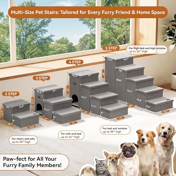 Zerbuger Dog Stairs with Storage, Grey 3 Steps Dog Ramp with Condo for Bed | 18" H Wider Dog Steps for High Beds Couch, Folding Storage Pet Stairs Gift for Climbing Small/Medium/Large Old Dogs Cats