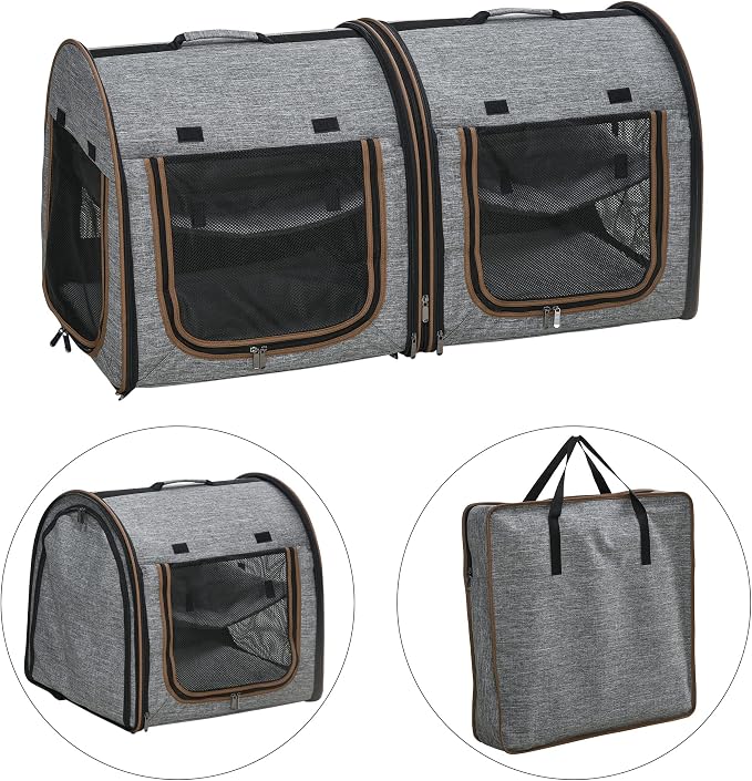PawHut 39" Portable Soft-Sided Cat Carrier, Two Compartments, Light Gray | Cat Kennel, Travel Dog Crate with Divider, Soft Cushions & Storage Bag, Easy to Fold