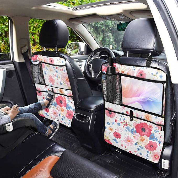 JIPONI Car Backseat Organizer, Color Red Flower Automotive Back Seat Protector, Kick Mats with Storage Pockets for Kids Pets, Road Trip Accessories (2 Pack)