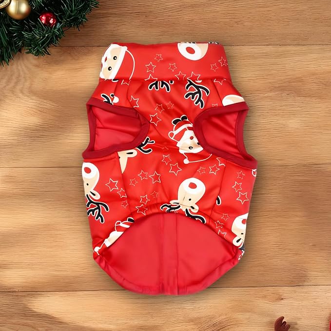Idepet Pet Dog Cat Coat with Leash Anchor Color Patchwork Padded Puppy Vest Jacket Teddy Chihuahua Costumes Pug Cloth XS S M L(Small,Red-Santa&Reindeer)