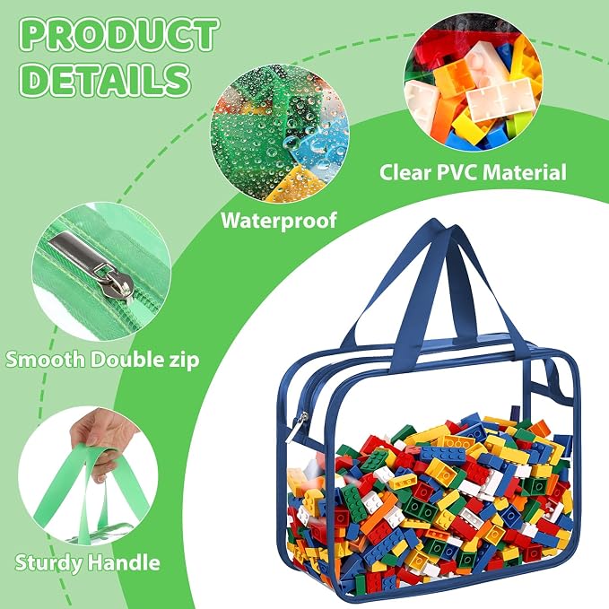 Toy Storage Bags 4 Pack, Clear PVC Toy Organizers, Colorful | Waterproof PVC, Large 30 x 10 x 22 CM Size, Label-Ready, For Toys, Books, Puzzles, Classroom and Travel
