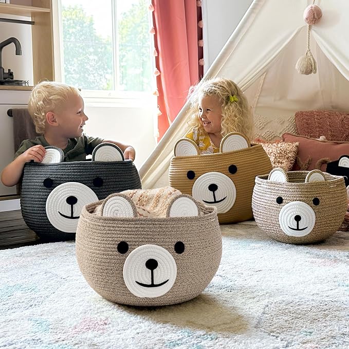 CherryNow Large Baby Basket for Gifts Empty, Cute Bear Design, Light Brown | 15.7" x 10.5" Baby Shower Basket for Kids Boys Newborn Storage, Woven Rope Toy Basket, Fits Living Room Nursery Décor