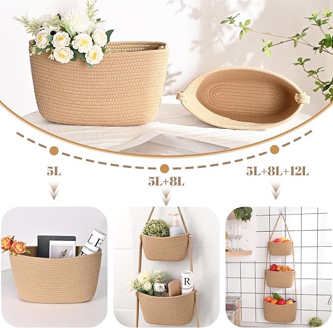 Hanging Basket, 3-Tier Woven Wall Basket with 4 Hooks, Cotton Rope Storage Baskets, Over the Door Organizer for Nursery, Bedroom, Cottage and Boho Wall Decor