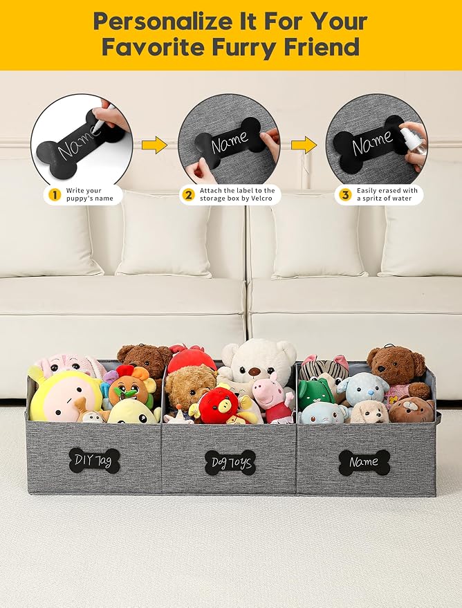 Qozary Large Dog Toy Basket with Diy Tag - Collapsible Dog Toy Bin, Fabric Personalized Storage Box, Trapezoid Storage and Organizer for Pet Supplies (Gray, Extra Large 47"x13.4")