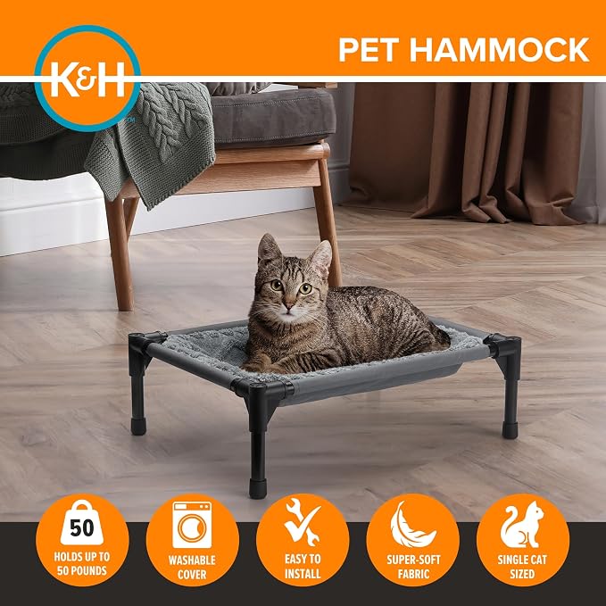 K&H Elevated Cat Bed, Pet Hammock Cot, Indoor Cat Bed, 22x17in, Gray | Free-Standing Raised Cot with Metal Frame, Washable Plush Cover, Rubber Feet, Tool-Free Assembly