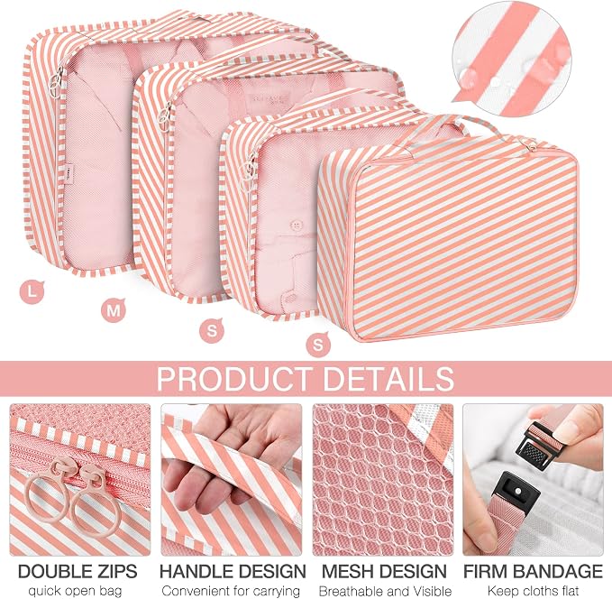 KPX 8 Set Packing Cubes for Travel, Luggage Packing Organizers Accessories Large Toiletries Bag for Clothes Shoes Cosmetics (Pink Strips)