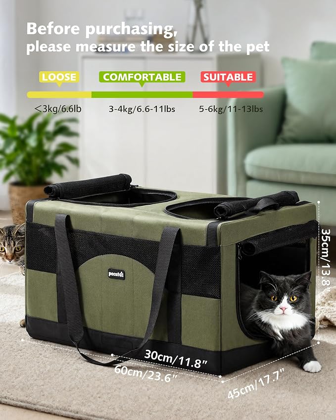 Pecute Large Cat Carrier, Soft Double Pet Crate for 2 Cats Travel, Green | Anti-Collapse Steel Frame, Convertible Dual Space, Foldable, Polyester Breathable mesh, Up to 26 lbs, Car Travel & Vet Visits