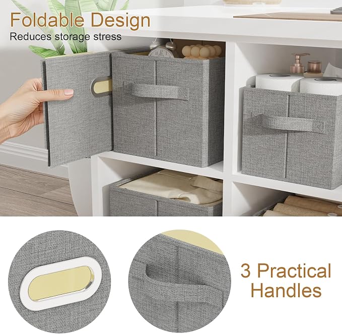 Washable Storage Box with Fabric Handle,Grey,10.2x7.9x6.7in,4 Pack | Open Storage Bins with Metal Grips,Moisture-Proof PP Board Closet Organizers,Foldable Cloth Baskets for Garment Cabinet