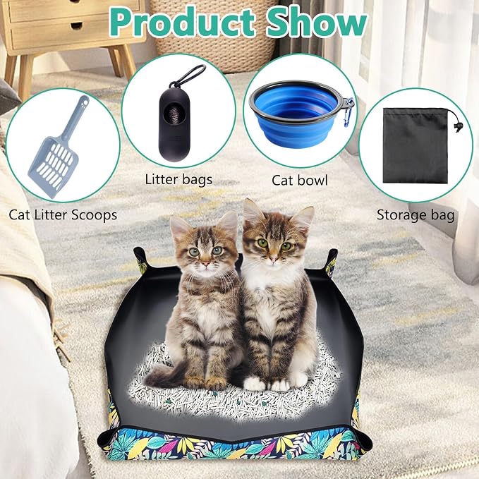 BNOSDM Travel Litter Box for Cats Portable Litter Boxes Kit Foldable Litterbox with Scoop Bowl Waterproof & Non-Stick for Car, Hotels, Outings, Temporary Stays