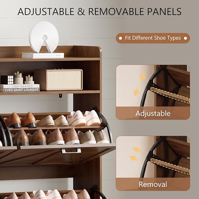 Xixini Shoe Storage Cabinet with 4 Flip Drawers, Entryway Shoe Rack, Walnut | Freestanding Narrow Shoe Storage, Hidden Slim Wood Shoe Organizer, Modern Farmhouse, Open Storage & Hooks for Closet, Hallway