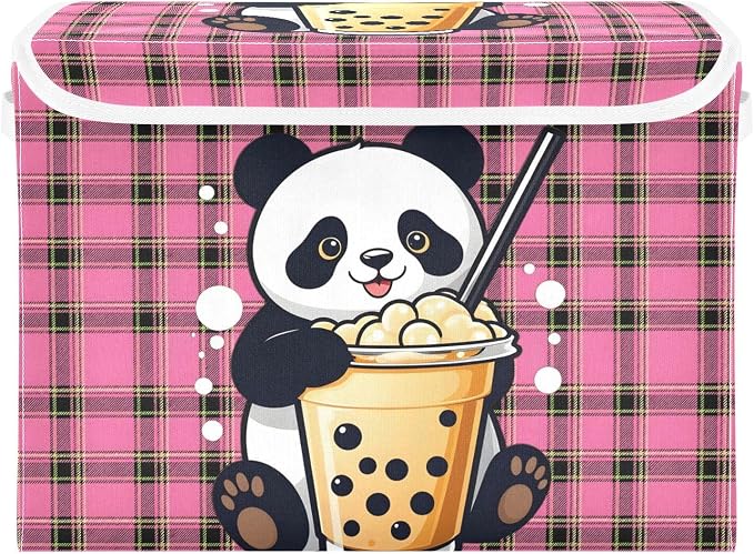Panda Milk Tea Fabric Storage Bins with Lid Closet Storage Basket 40L | Foldable & Stackable, Flip Top Dust Guard, Reinforced Handles, Home & Bedroom, Clothes & Toys, Panda Print Basket