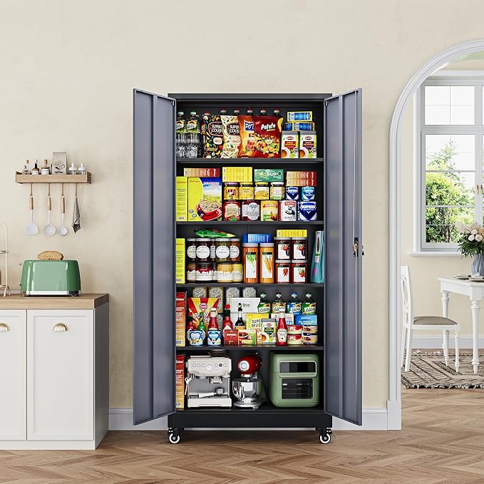 Metal Garage Storage Cabinets with Lock Door and Adjustable Shelves, Steel Tool Cabinets for Home,Office,Warehouse Organisieren (Black Grey, 75" H)
