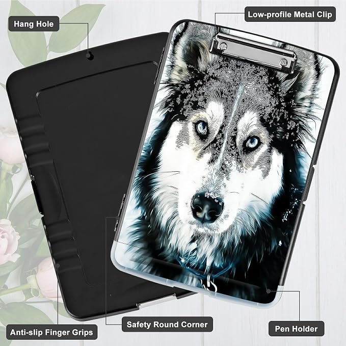 A4 Clipboard with Storage Pen Holder, Clipboards Organizer Nursing Clipboard Foldable File Folder Plastic Clipboard Folio Clip Board for Office Work Classroom Doctor, Huskies in Snow